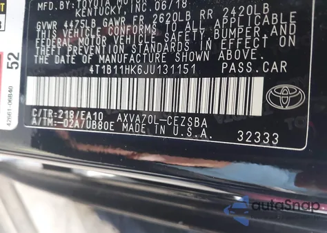 2018 Toyota Camry Se из США, поврежденный, VIN 4T1B11HK6JU131151